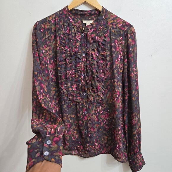 J.Crew Women Whimsigoth Romantic 2010s Sheer Silk Floral Ruffle Button-Up Top 8 - Picture 4 of 11